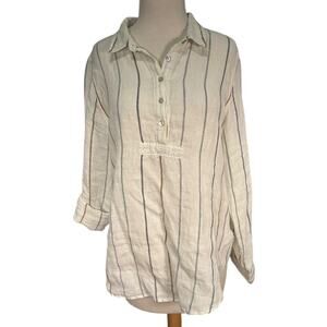 ARTISANNY 100% Linen Size Medium White Stripped Tunic 1/4 Button Down Lounge